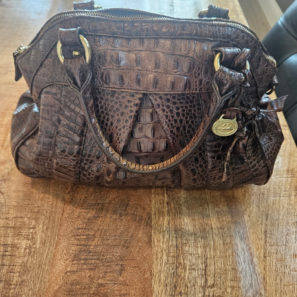 Brahmin Brown Croc Embossed Leather Satchel Handbag Gold Tone Hardware